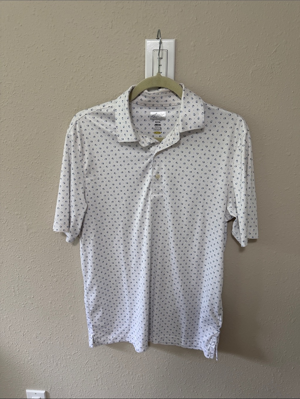 Greg Norman Collection White Polo with Navy Micro Print
